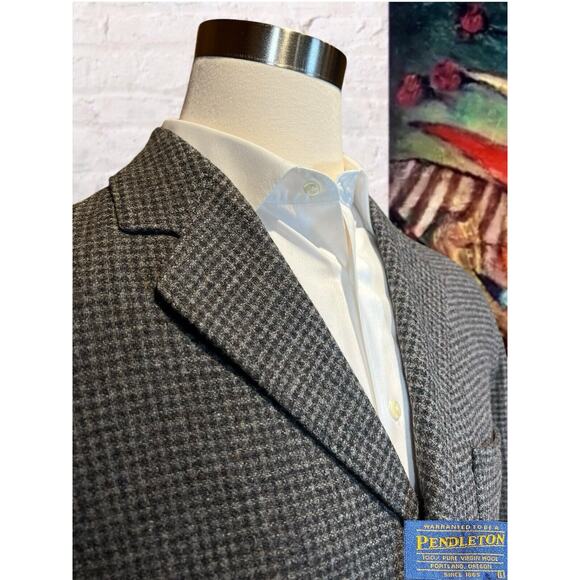 Pendleton 42R Gray Flanel Plaid Patch Pockets Action Back Blazer Sport Jacket - Picture 4 of 15
